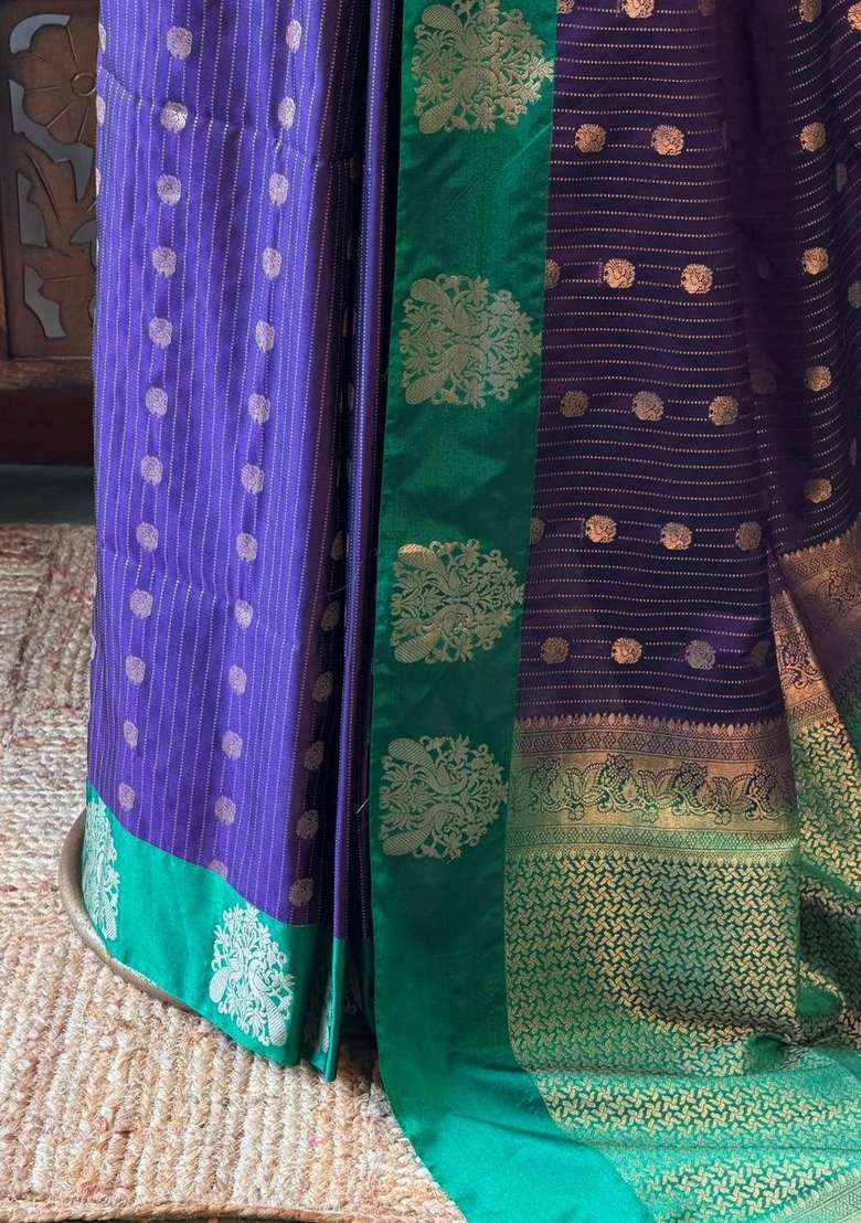 Blue And Green Pure Soft Silk Saree With Traditional Woven Design For Women - Indya