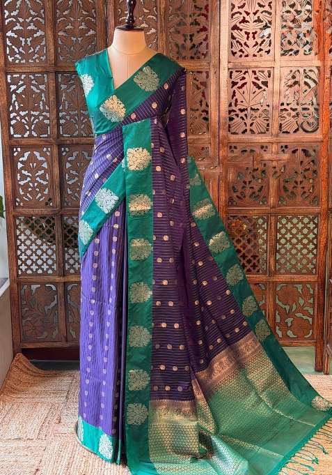 Blue And Green Pure Soft Silk Saree With Traditional Woven Design For Women