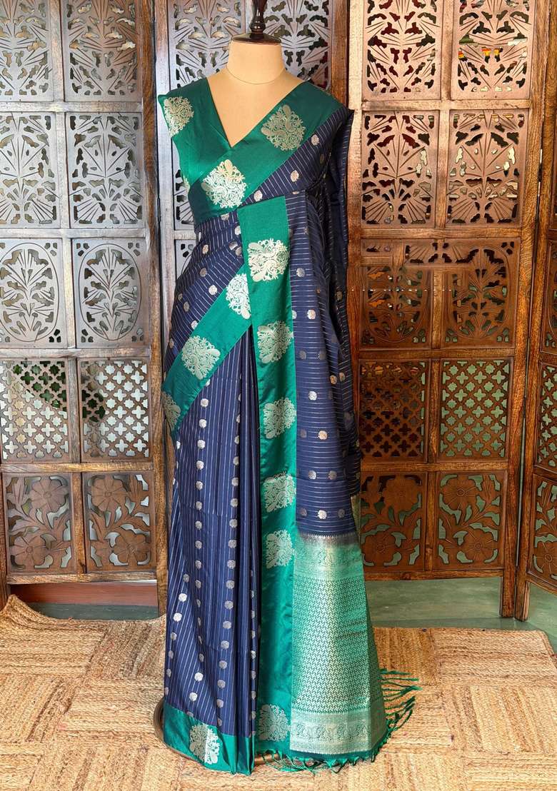 Blue And Green Pure Soft Silk Saree With Traditional Woven Design For Women - Indya
