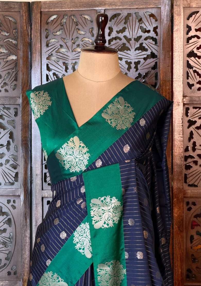 Blue And Green Pure Soft Silk Saree With Traditional Woven Design For Women - Indya