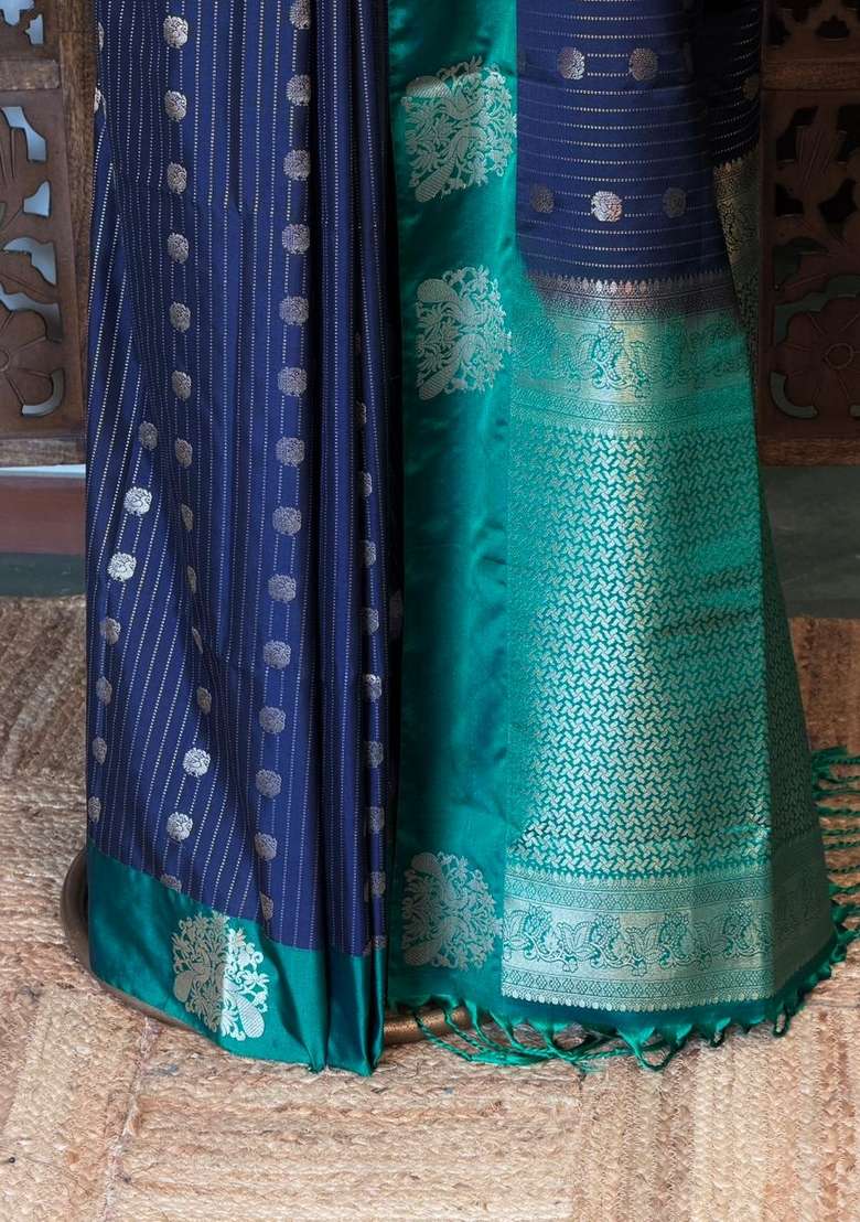 Blue And Green Pure Soft Silk Saree With Traditional Woven Design For Women - Indya
