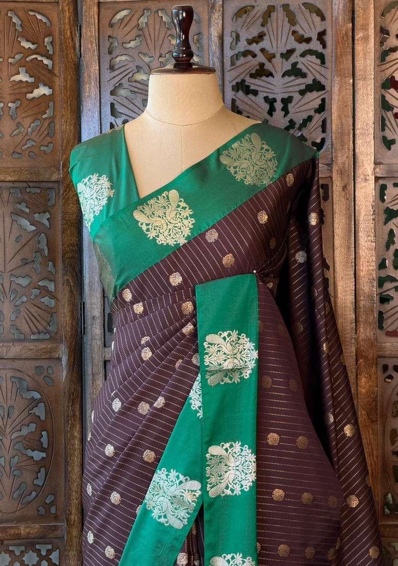 Brown And Green Pure Soft Silk Saree With Traditional Woven Design For Women - Indya