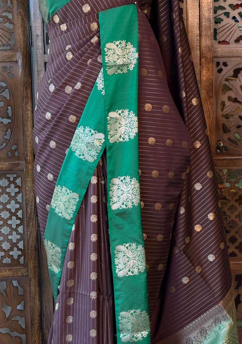 Brown And Green Pure Soft Silk Saree With Traditional Woven Design For Women - Indya