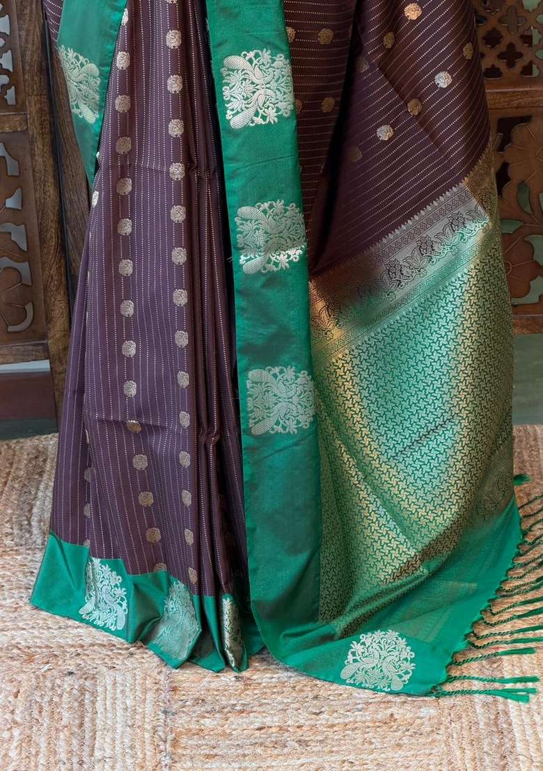Brown And Green Pure Soft Silk Saree With Traditional Woven Design For Women - Indya