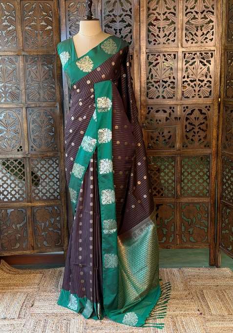 Brown And Green Pure Soft Silk Saree With Traditional Woven Design For Women