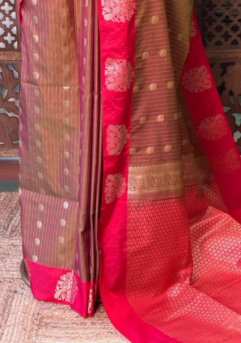 Olive Green And Red Pure Soft Silk Saree With Traditional Woven Design For Women - Indya