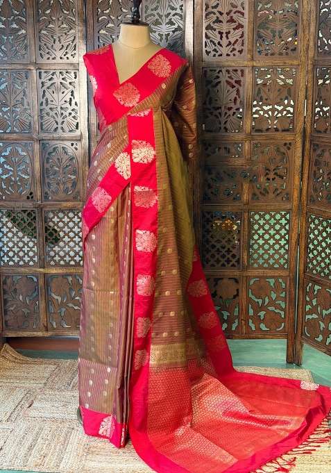 Olive Green And Red Pure Soft Silk Saree With Traditional Woven Design For Women