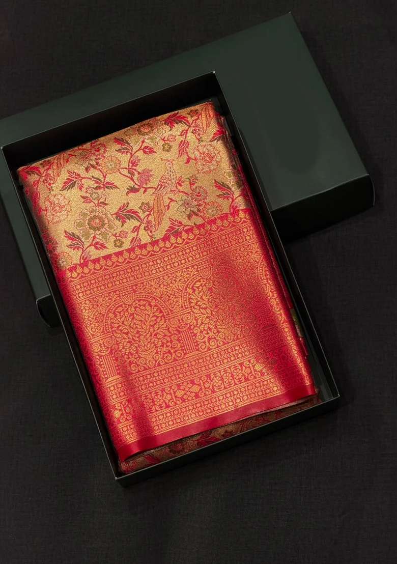 Maroon Tissue Kanchipuram Saree With Traditional Woven Design For Women - Indya