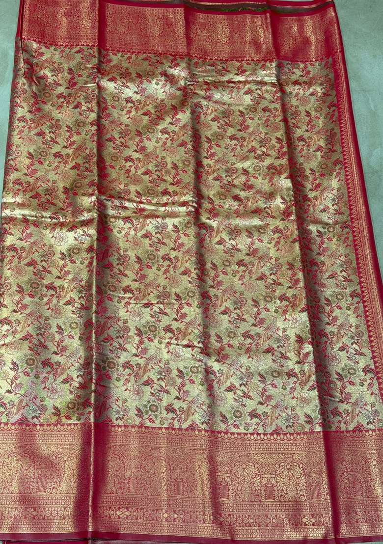 Maroon Tissue Kanchipuram Saree With Traditional Woven Design For Women - Indya