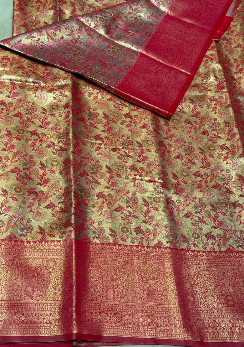 Maroon Tissue Kanchipuram Saree With Traditional Woven Design For Women - Indya