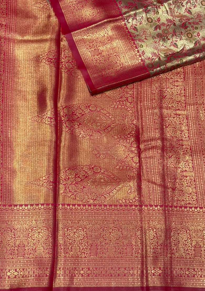 Maroon Tissue Kanchipuram Saree With Traditional Woven Design For Women - Indya