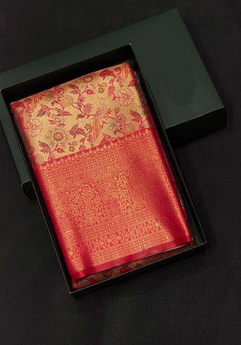 Maroon Tissue Kanchipuram Saree With Traditional Woven Design For Women