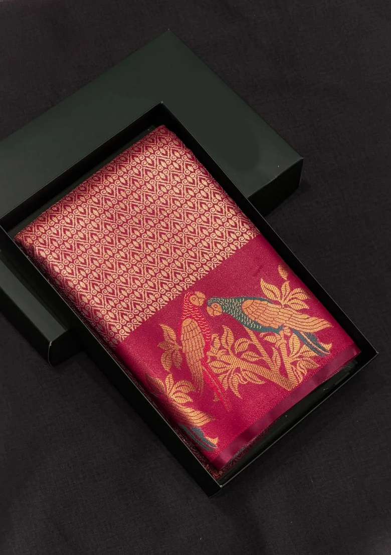 Magenta Tissue Kanchipuram Saree With Traditional Woven Design For Women - Indya