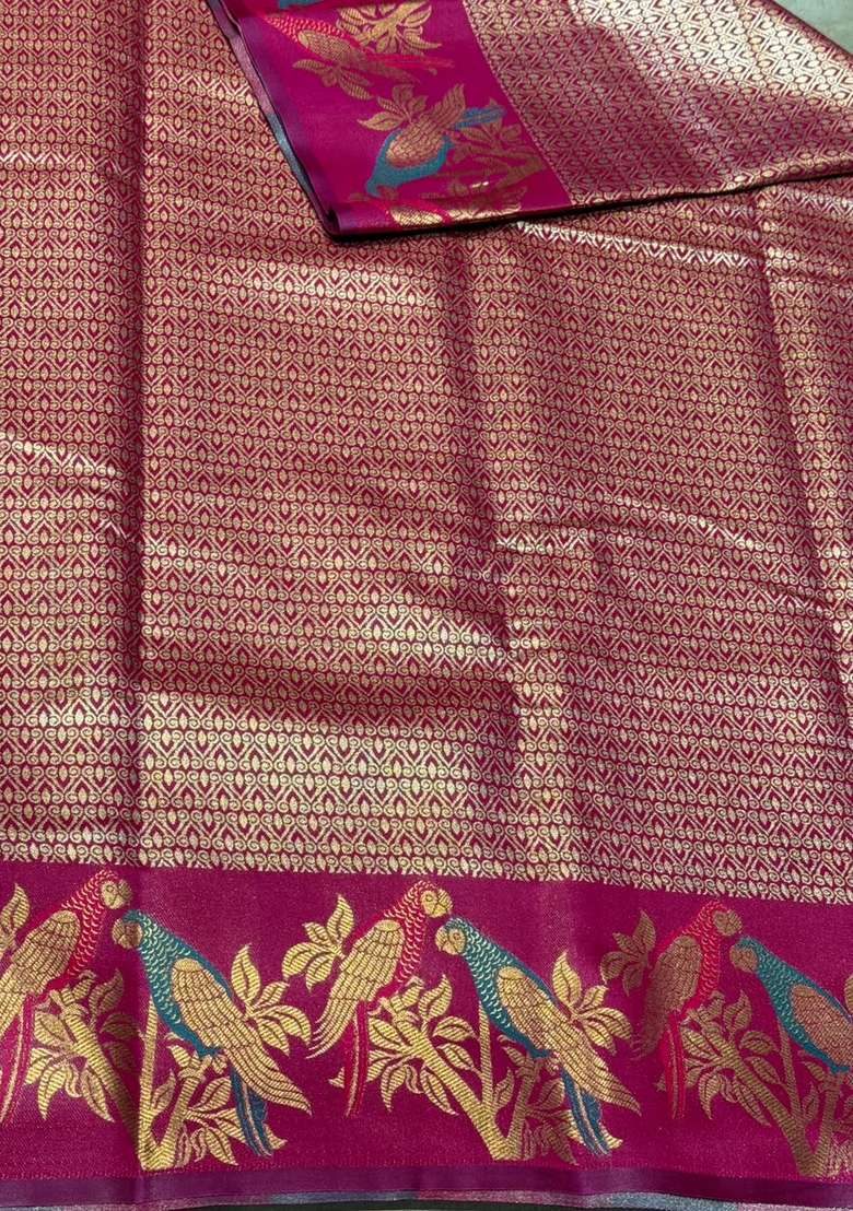 Magenta Tissue Kanchipuram Saree With Traditional Woven Design For Women - Indya
