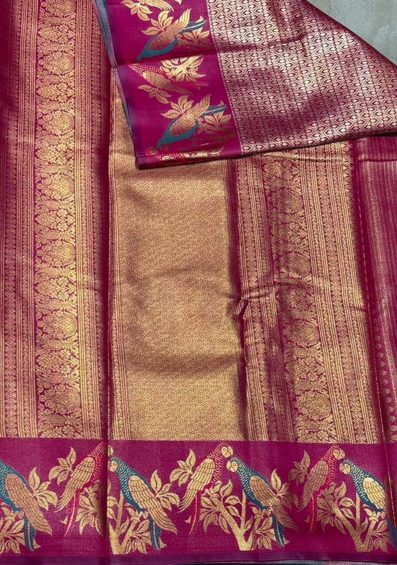Magenta Tissue Kanchipuram Saree With Traditional Woven Design For Women - Indya