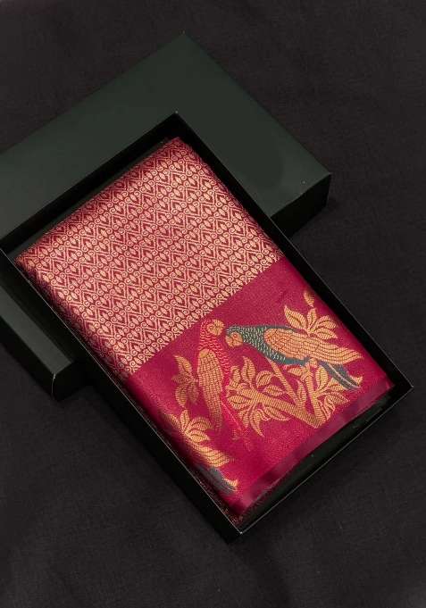 Magenta Tissue Kanchipuram Saree With Traditional Woven Design For Women