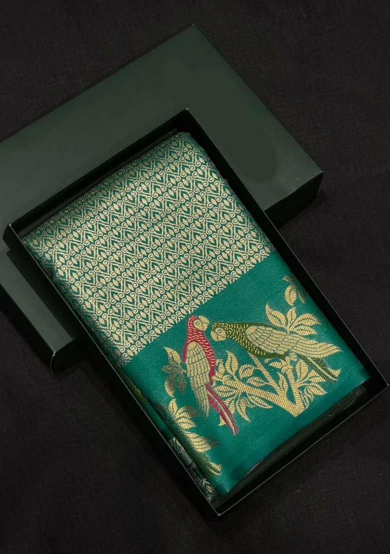 Peacock Green Tissue Kanchipuram Saree With Traditional Woven Design For Women - Indya