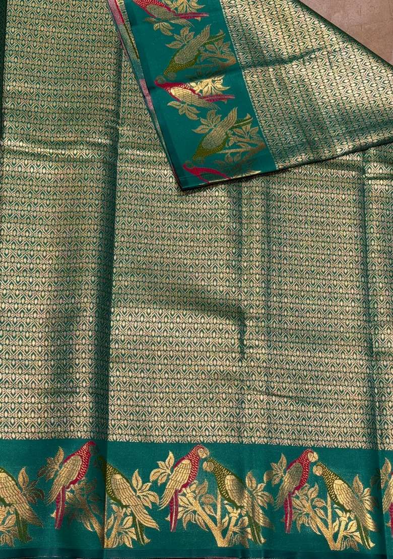 Peacock Green Tissue Kanchipuram Saree With Traditional Woven Design For Women - Indya