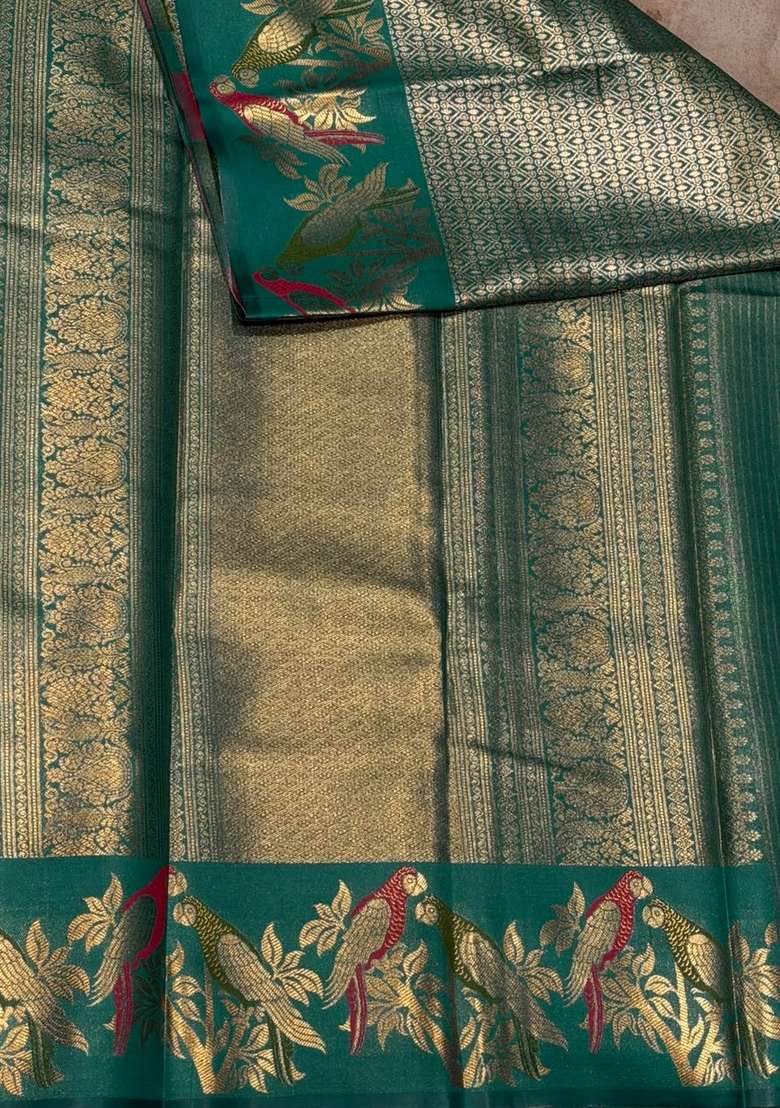 Peacock Green Tissue Kanchipuram Saree With Traditional Woven Design For Women - Indya