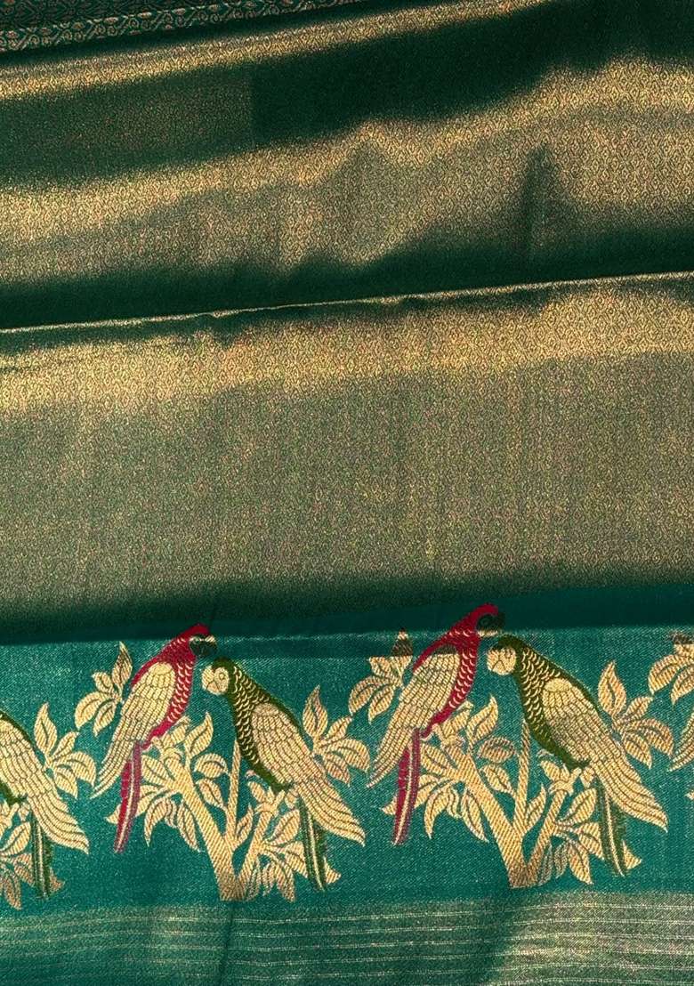 Peacock Green Tissue Kanchipuram Saree With Traditional Woven Design For Women - Indya
