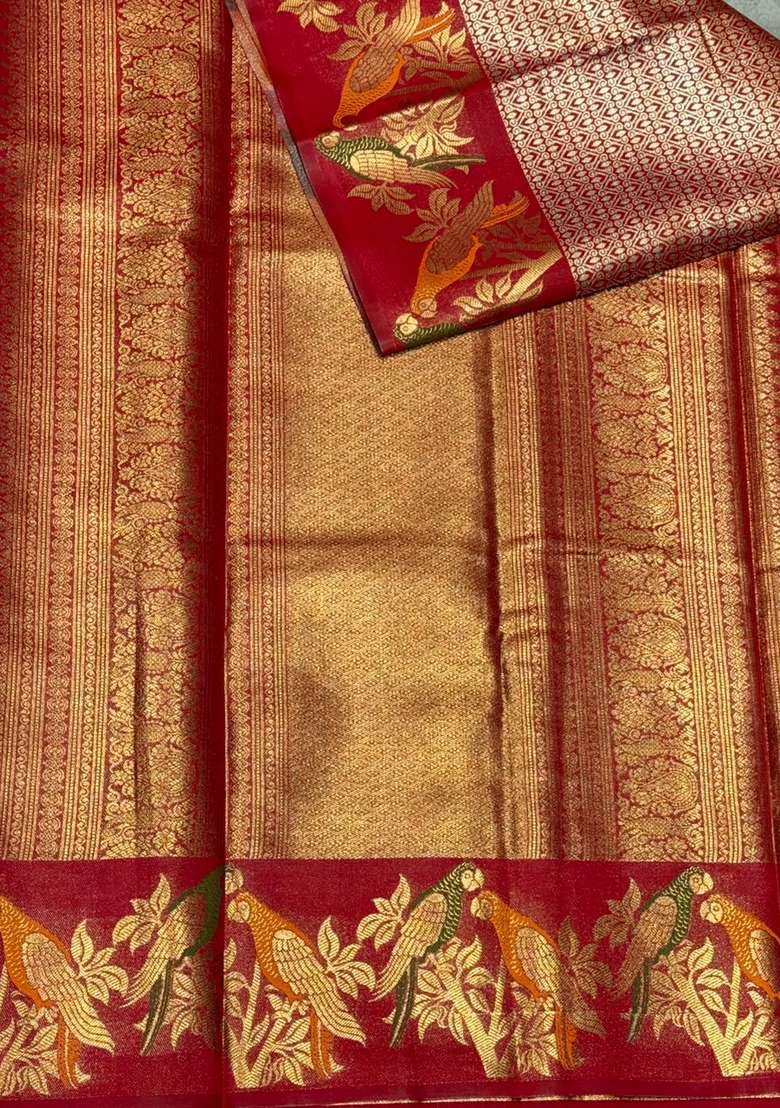 Maroon Red Tissue Kanchipuram Saree With Traditional Woven Design For Women - Indya