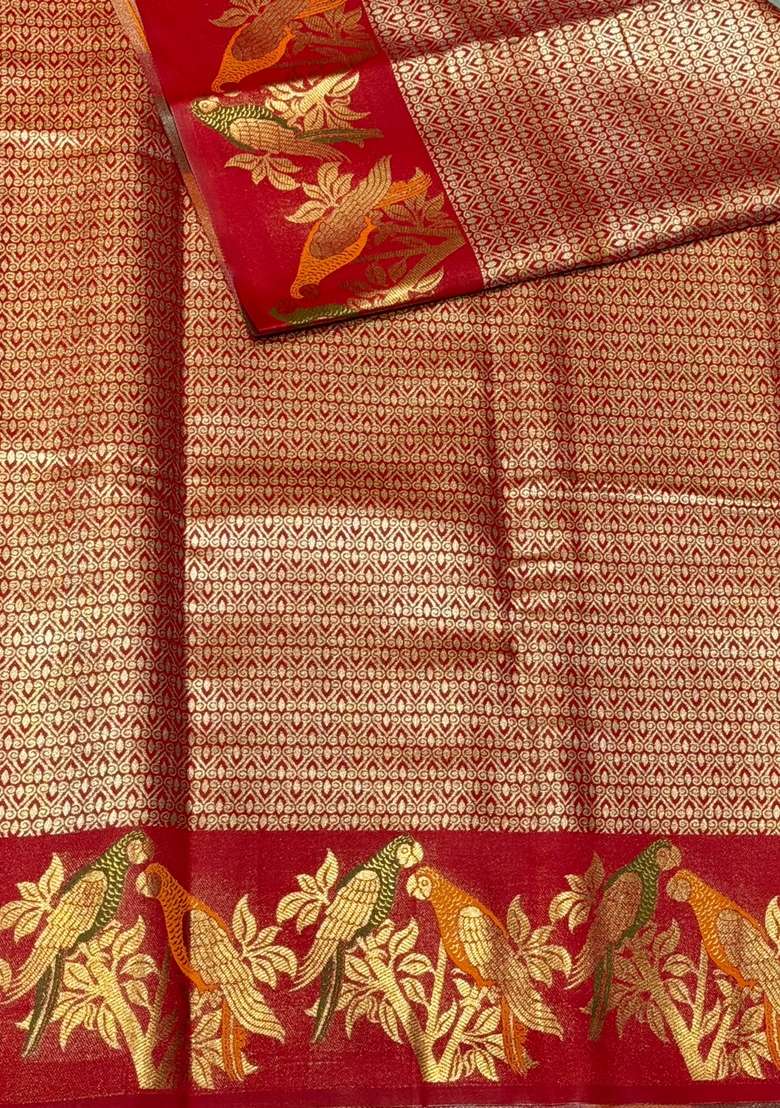 Maroon Red Tissue Kanchipuram Saree With Traditional Woven Design For Women - Indya