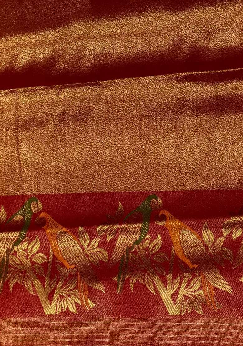 Maroon Red Tissue Kanchipuram Saree With Traditional Woven Design For Women - Indya