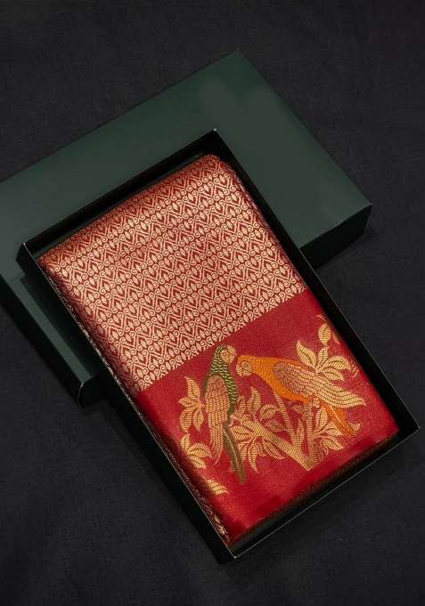 Maroon Red Tissue Kanchipuram Saree With Traditional Woven Design For Women