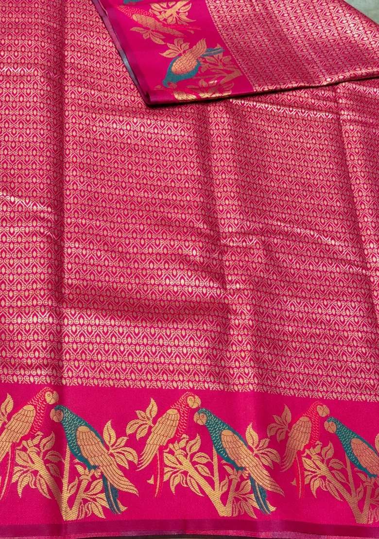 Rani Pink Tissue Kanchipuram Saree With Traditional Woven Design For Women - Indya