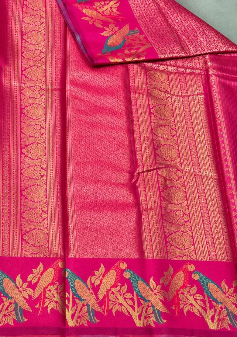 Rani Pink Tissue Kanchipuram Saree With Traditional Woven Design For Women - Indya