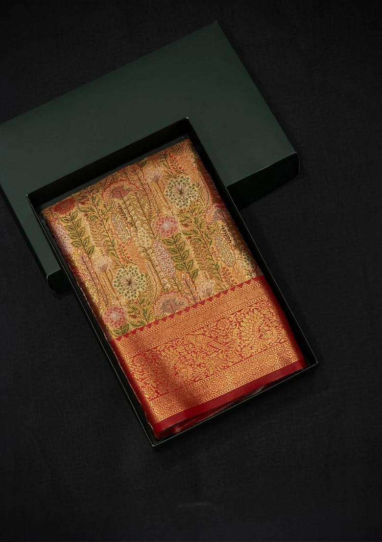 Maroon Red Tissue Kanchipuram Saree With Traditional Woven Design For Women - Indya