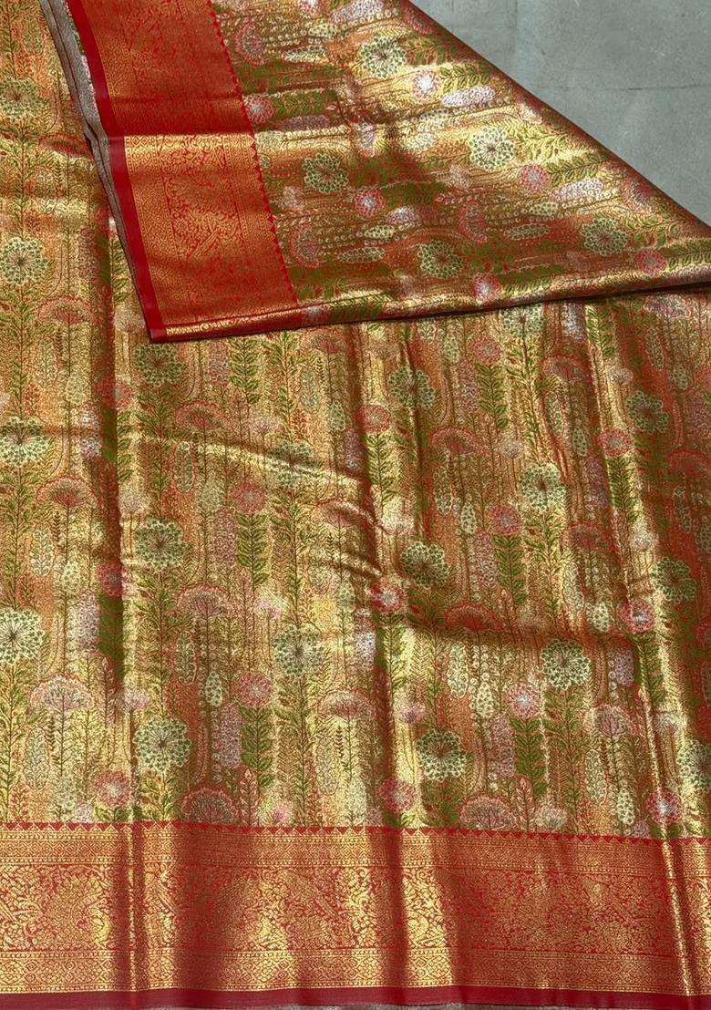 Maroon Red Tissue Kanchipuram Saree With Traditional Woven Design For Women - Indya