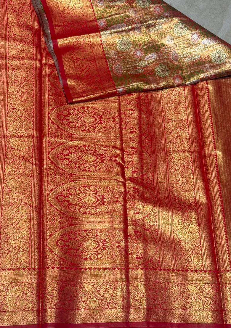 Maroon Red Tissue Kanchipuram Saree With Traditional Woven Design For Women - Indya