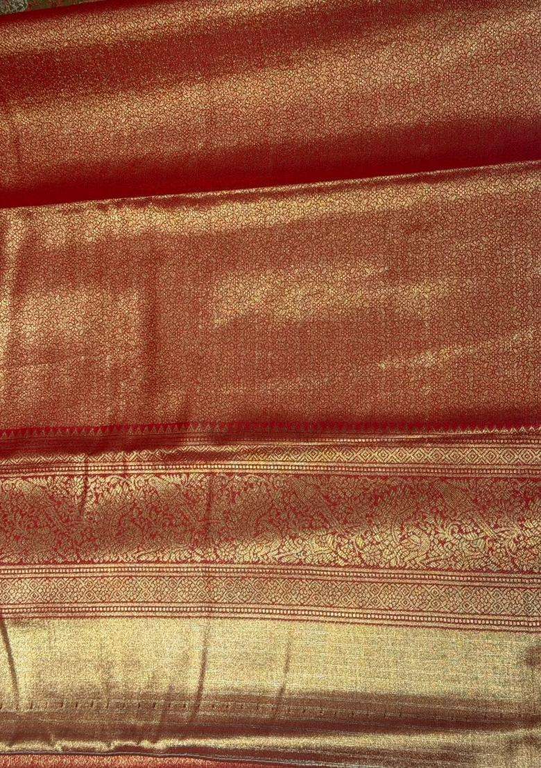 Maroon Red Tissue Kanchipuram Saree With Traditional Woven Design For Women - Indya