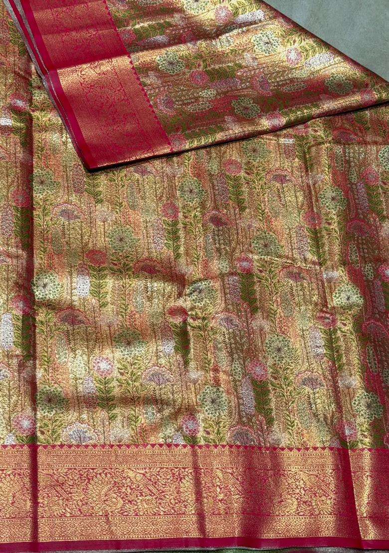 Rani Pink Tissue Kanchipuram Saree With Traditional Woven Design For Women - Indya