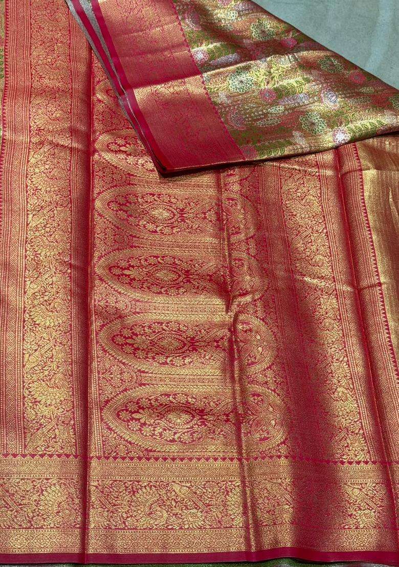 Rani Pink Tissue Kanchipuram Saree With Traditional Woven Design For Women - Indya