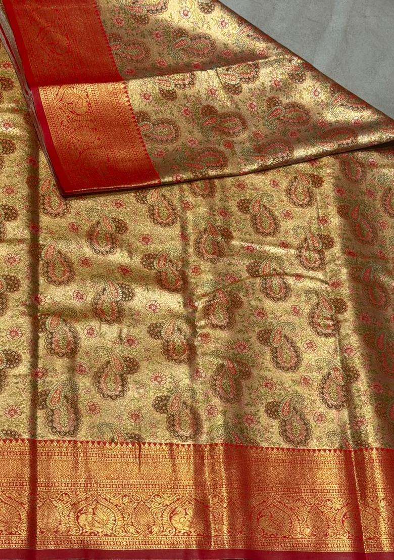 Maroon Red Tissue Kanchipuram Saree With Traditional Woven Design For Women - Indya