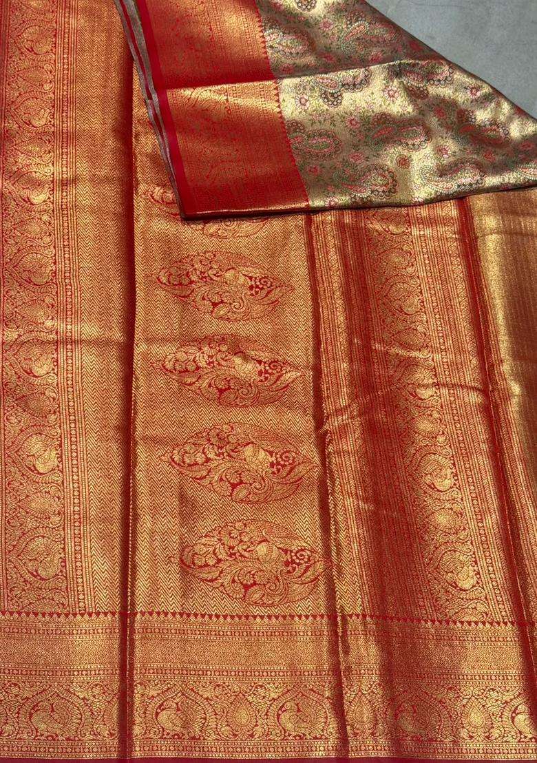 Maroon Red Tissue Kanchipuram Saree With Traditional Woven Design For Women - Indya