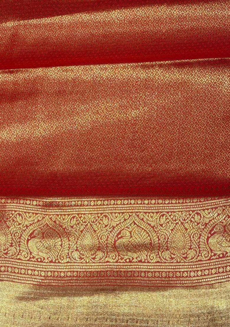 Maroon Red Tissue Kanchipuram Saree With Traditional Woven Design For Women - Indya