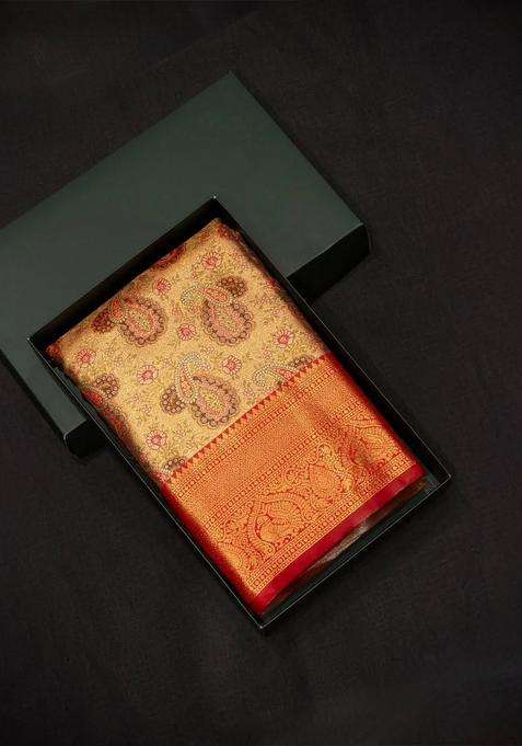 Maroon Red Tissue Kanchipuram Saree With Traditional Woven Design For Women