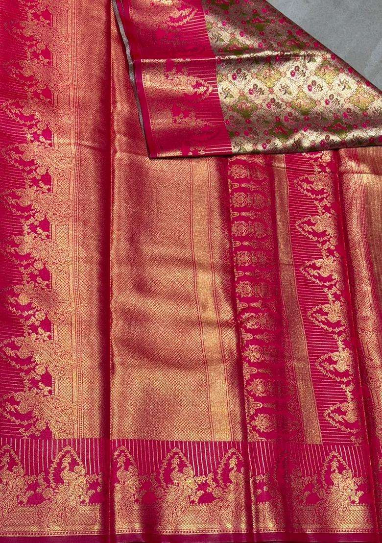 Rani Pink Tissue Kanchipuram Saree With Traditional Woven Design For Women - Indya