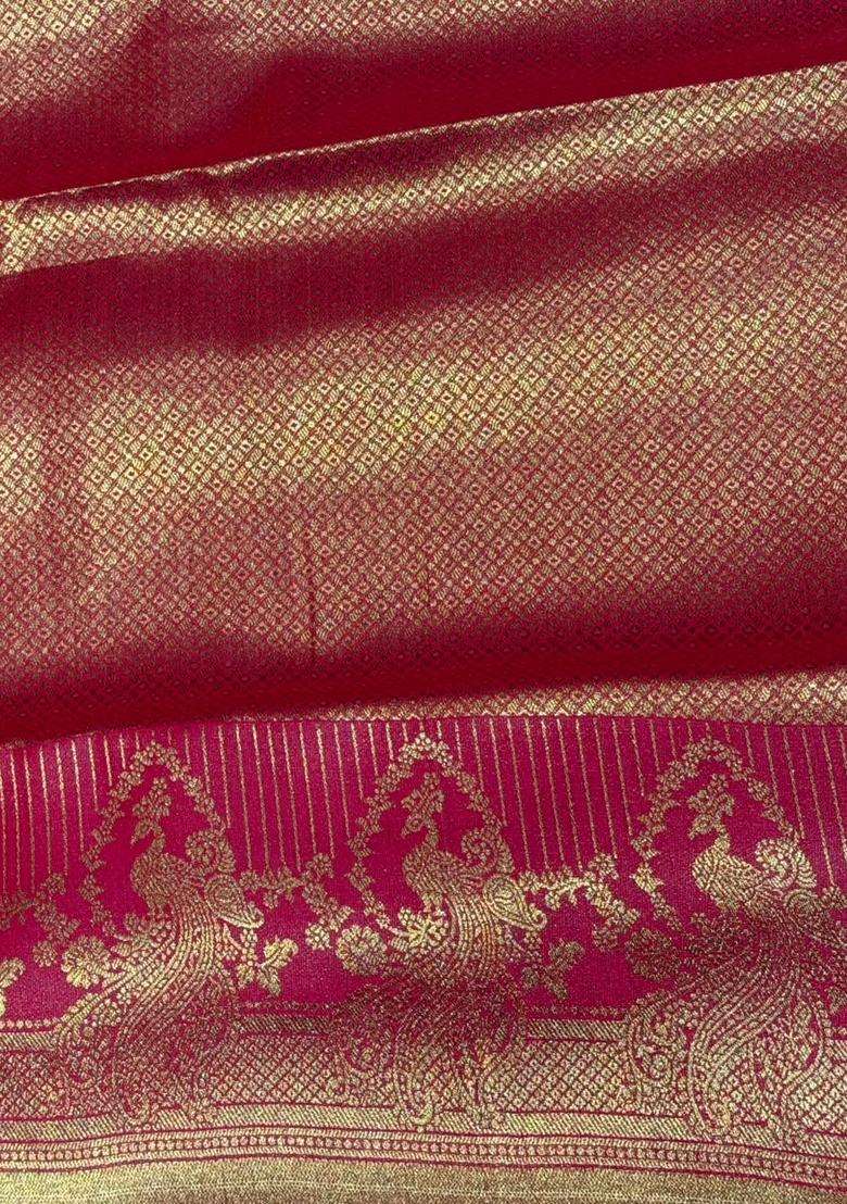 Rani Pink Tissue Kanchipuram Saree With Traditional Woven Design For Women - Indya