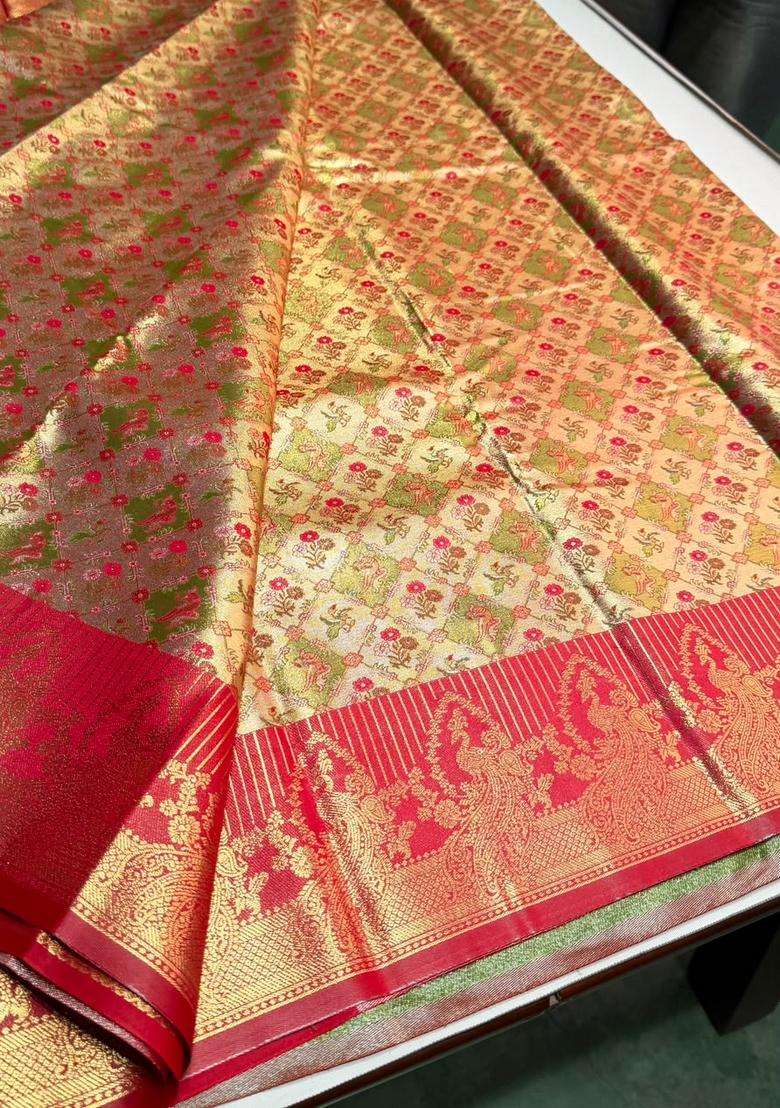 Red Tissue Kanchipuram Saree With Traditional Woven Design For Women - Indya