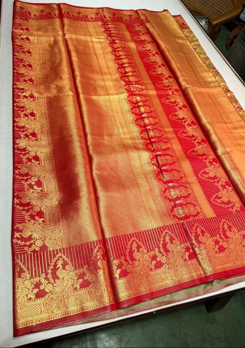 Red Tissue Kanchipuram Saree With Traditional Woven Design For Women - Indya
