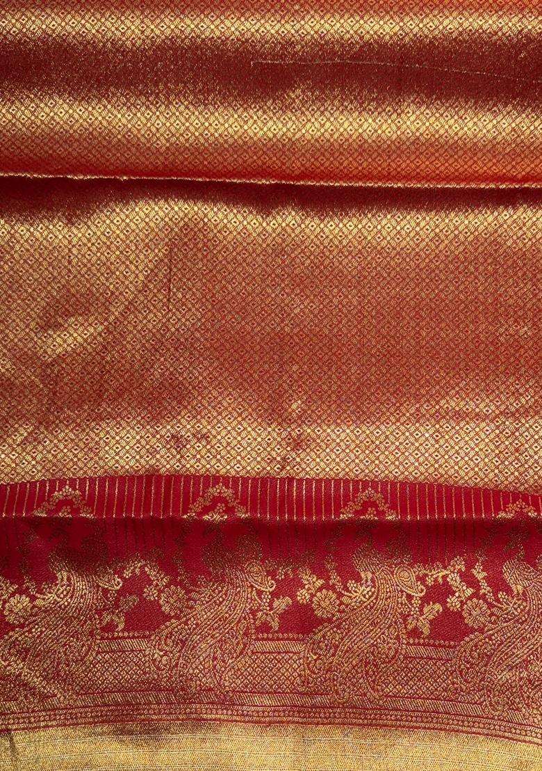 Red Tissue Kanchipuram Saree With Traditional Woven Design For Women - Indya