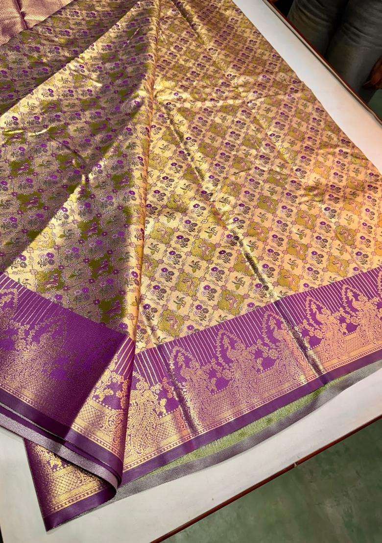 Violet Tissue Kanchipuram Saree With Traditional Woven Design For Women - Indya