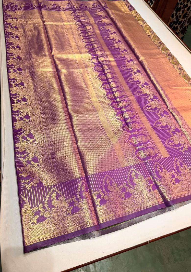 Violet Tissue Kanchipuram Saree With Traditional Woven Design For Women - Indya