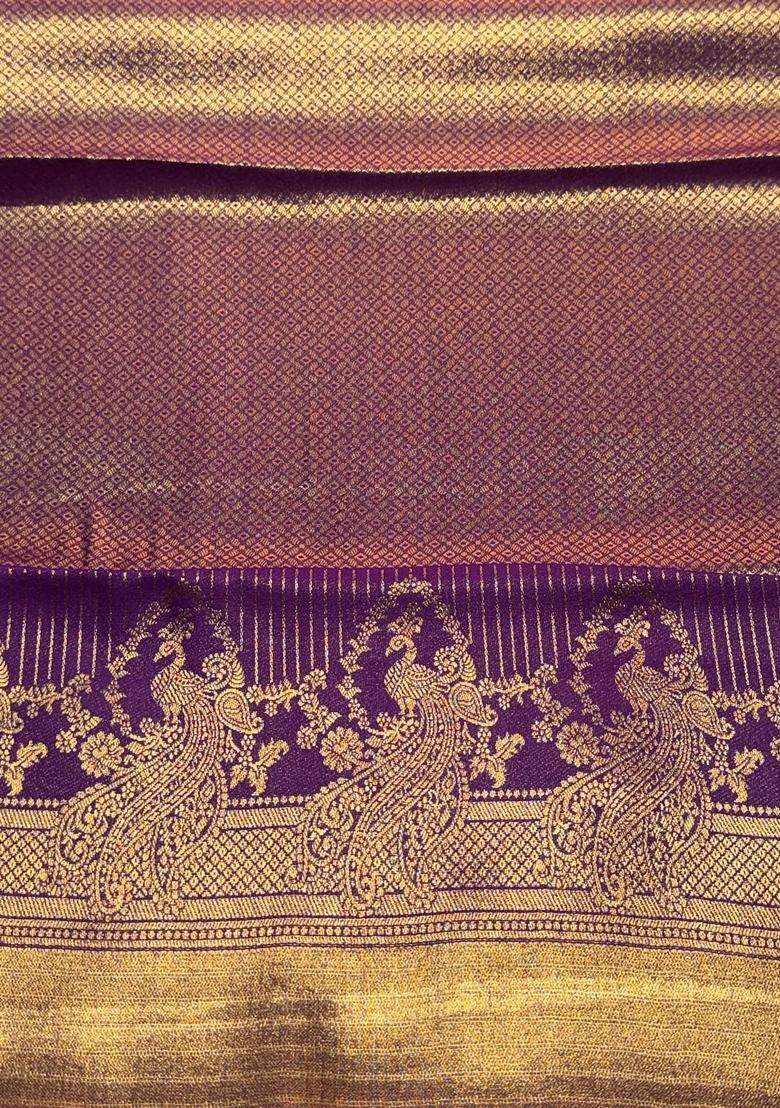 Violet Tissue Kanchipuram Saree With Traditional Woven Design For Women - Indya