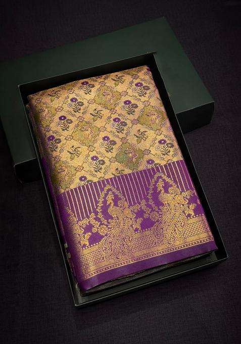 Violet Tissue Kanchipuram Saree With Traditional Woven Design For Women