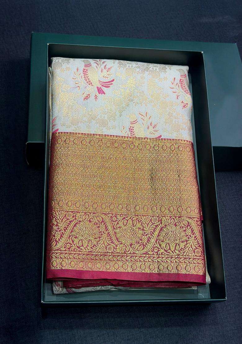 Off White And Maroon Tissue Kanchipuram Saree With Traditional Woven Design For Women - Indya